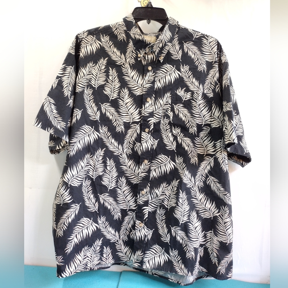 Natural Issue Men's Hawaiian Leaf Pattern Short Sleeves Shirt Black Wht 3XL